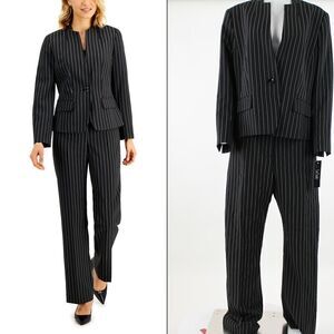 Le Suit Striped Stand-Collar Pantsuit BlackWhite